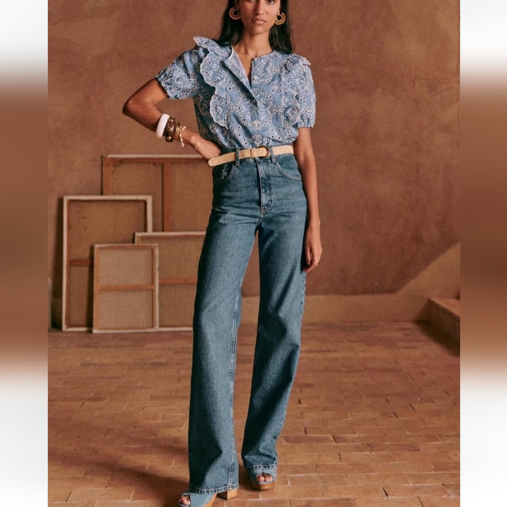 SÉZANE Jordanna Ebroidered Scalloped Button Front Top Denim  Blue 34 - Picture 3 of 14